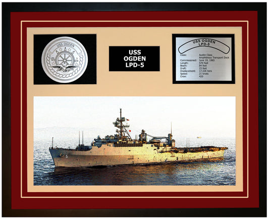 USS OGDEN LPD-5 Framed Navy Ship Display Burgundy