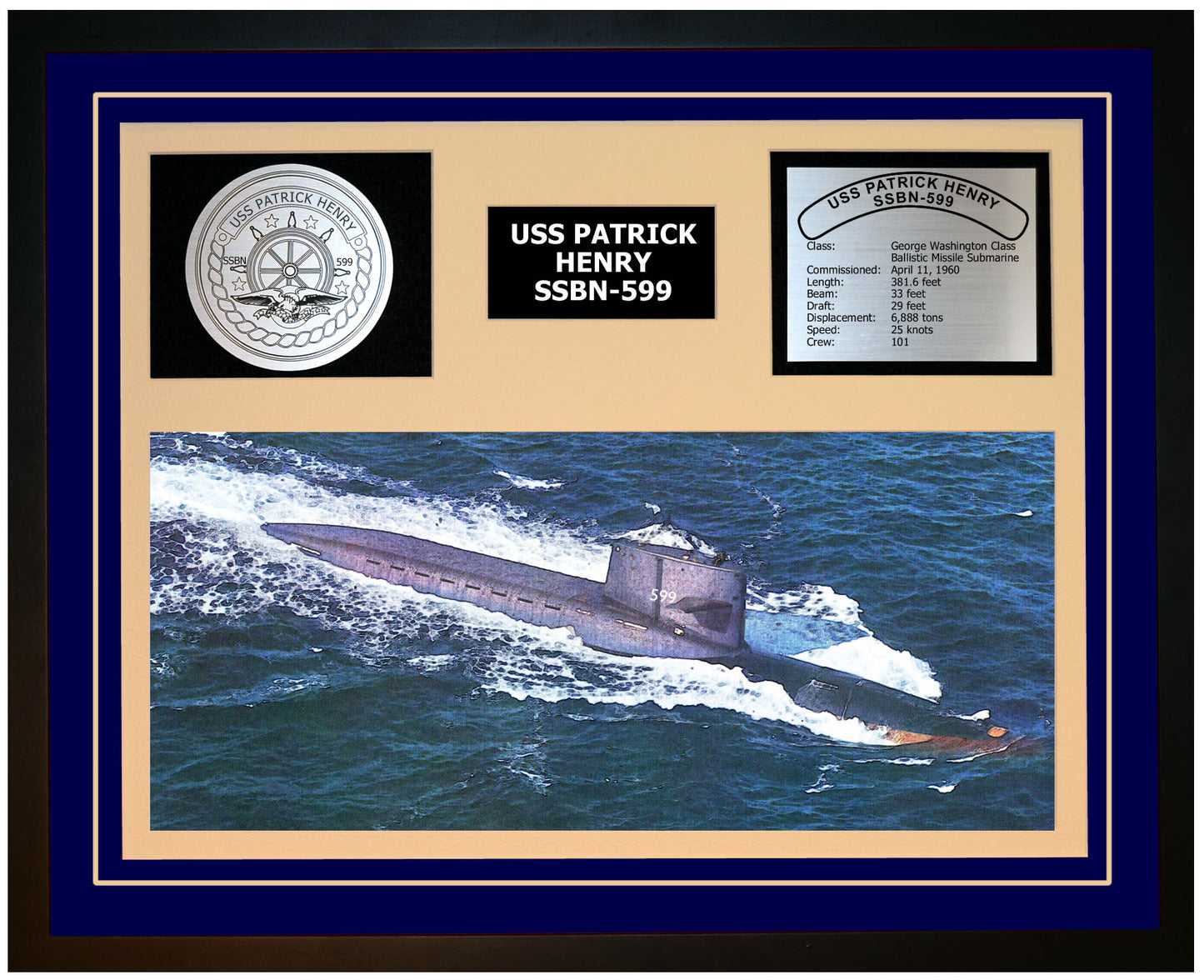 USS PATRICK HENRY SSBN-599 Framed Navy Ship Display Blue