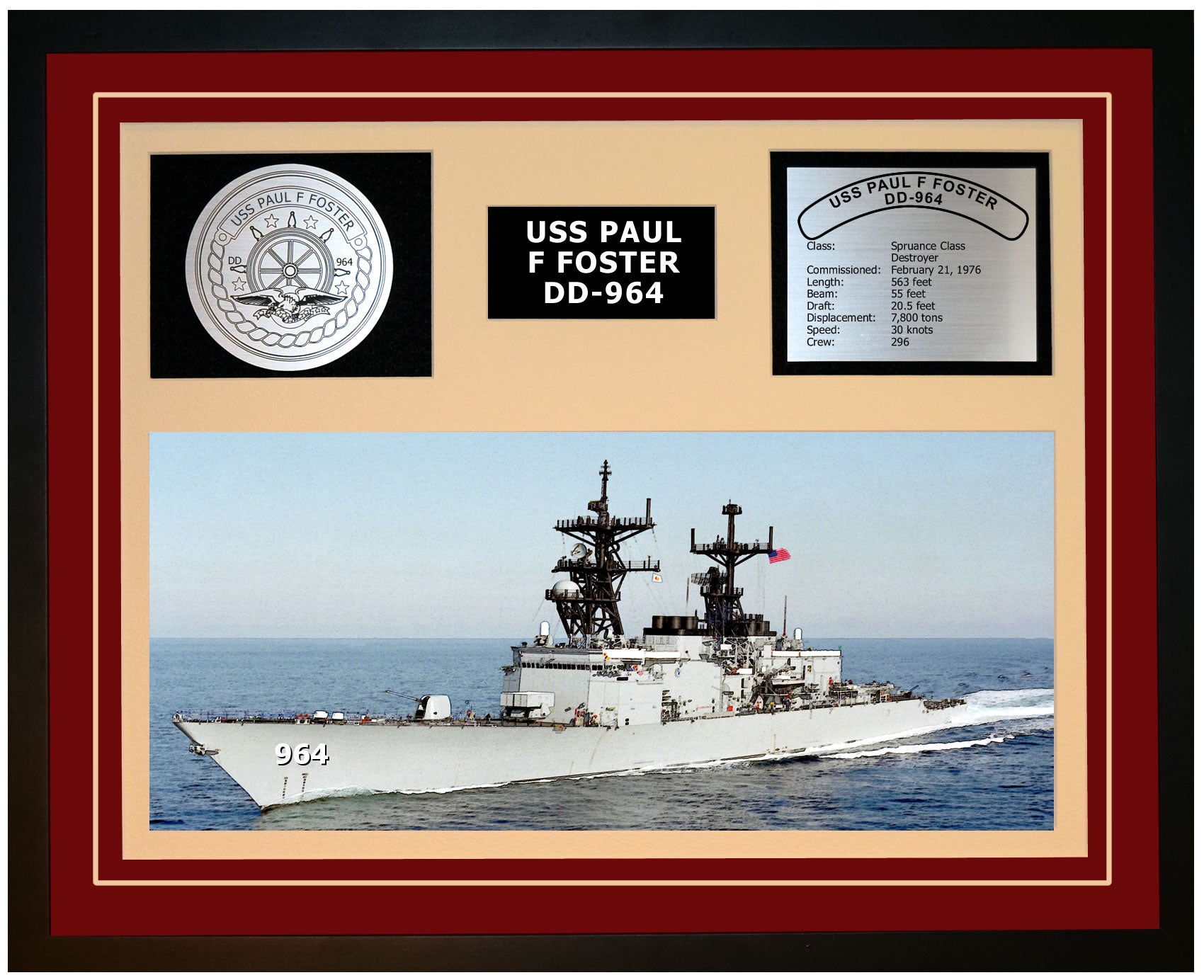 USS PAUL F FOSTER DD-964 Framed Navy Ship Display Burgundy