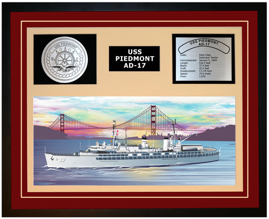 USS PIEDMONT AD-17 Framed Navy Ship Display Burgundy