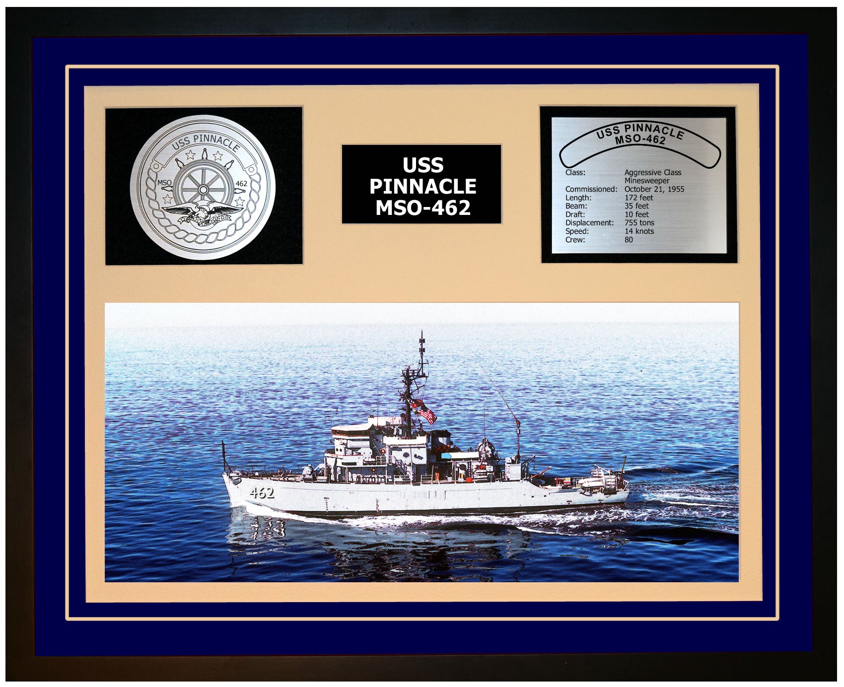 USS PINNACLE MSO-462 Framed Navy Ship Display Blue