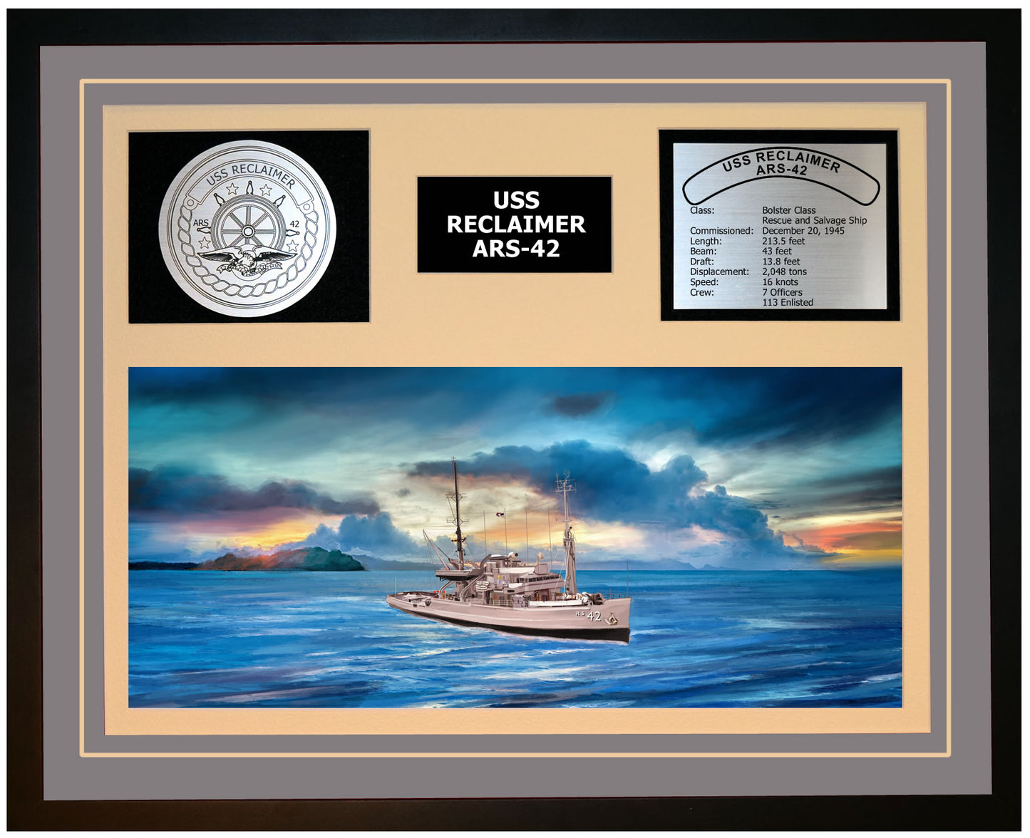 USS RECLAIMER ARS-42 Framed Navy Ship Display Grey