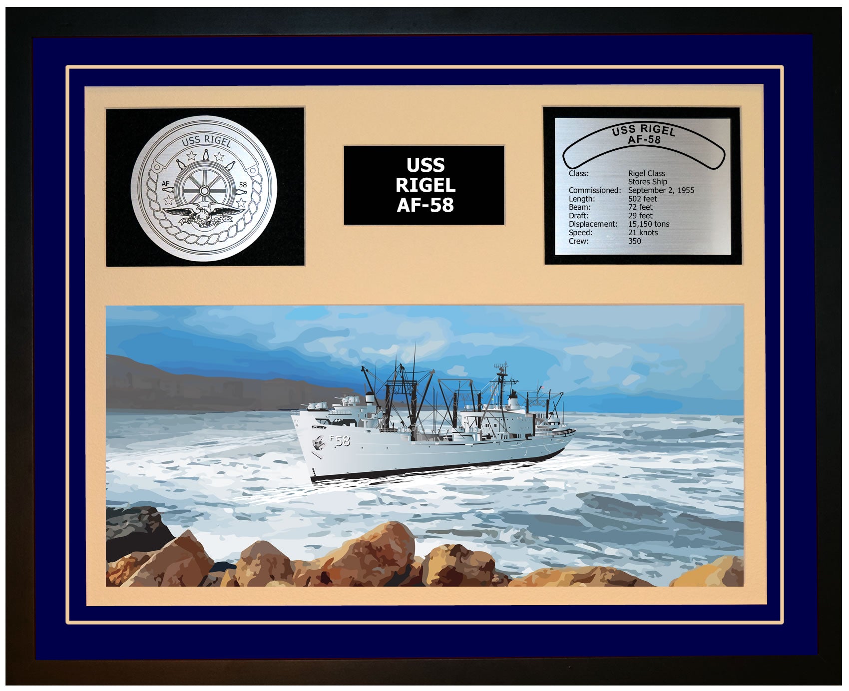 USS RIGEL AF-58 Framed Navy Ship Display Blue