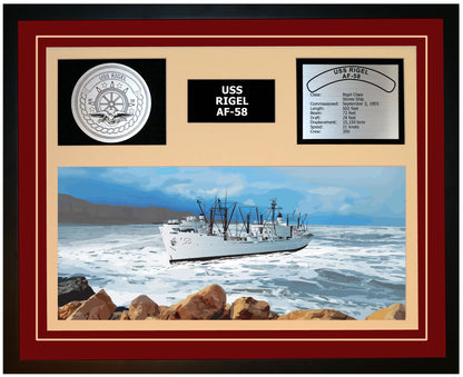 USS RIGEL AF-58 Framed Navy Ship Display Burgundy