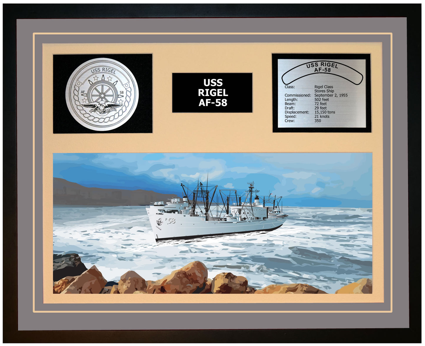 USS RIGEL AF-58 Framed Navy Ship Display Grey