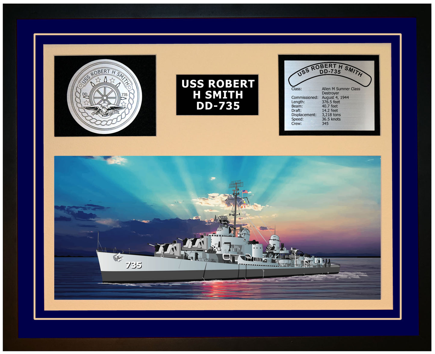 USS ROBERT H SMITH DD-735 Framed Navy Ship Display Blue