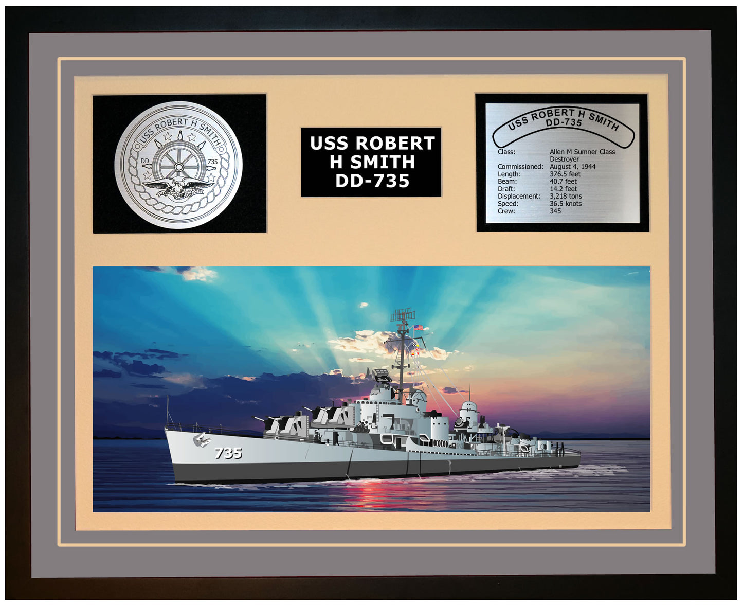 USS ROBERT H SMITH DD-735 Framed Navy Ship Display Grey