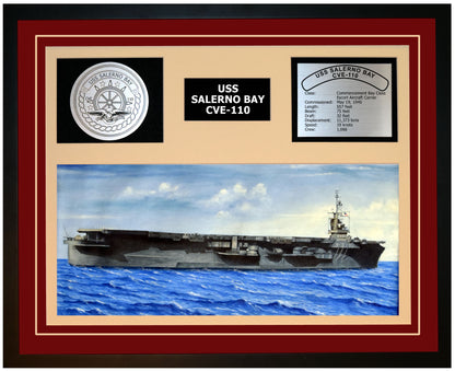 USS SALERNO BAY CVE-110 Framed Navy Ship Display Burgundy