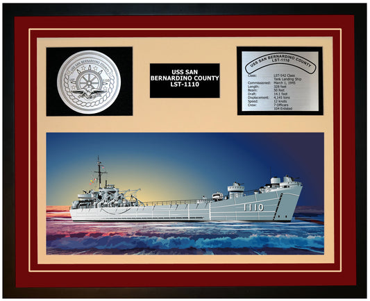 USS SAN BERNARDINO COUNTY LST-1110 Framed Navy Ship Display Burgundy