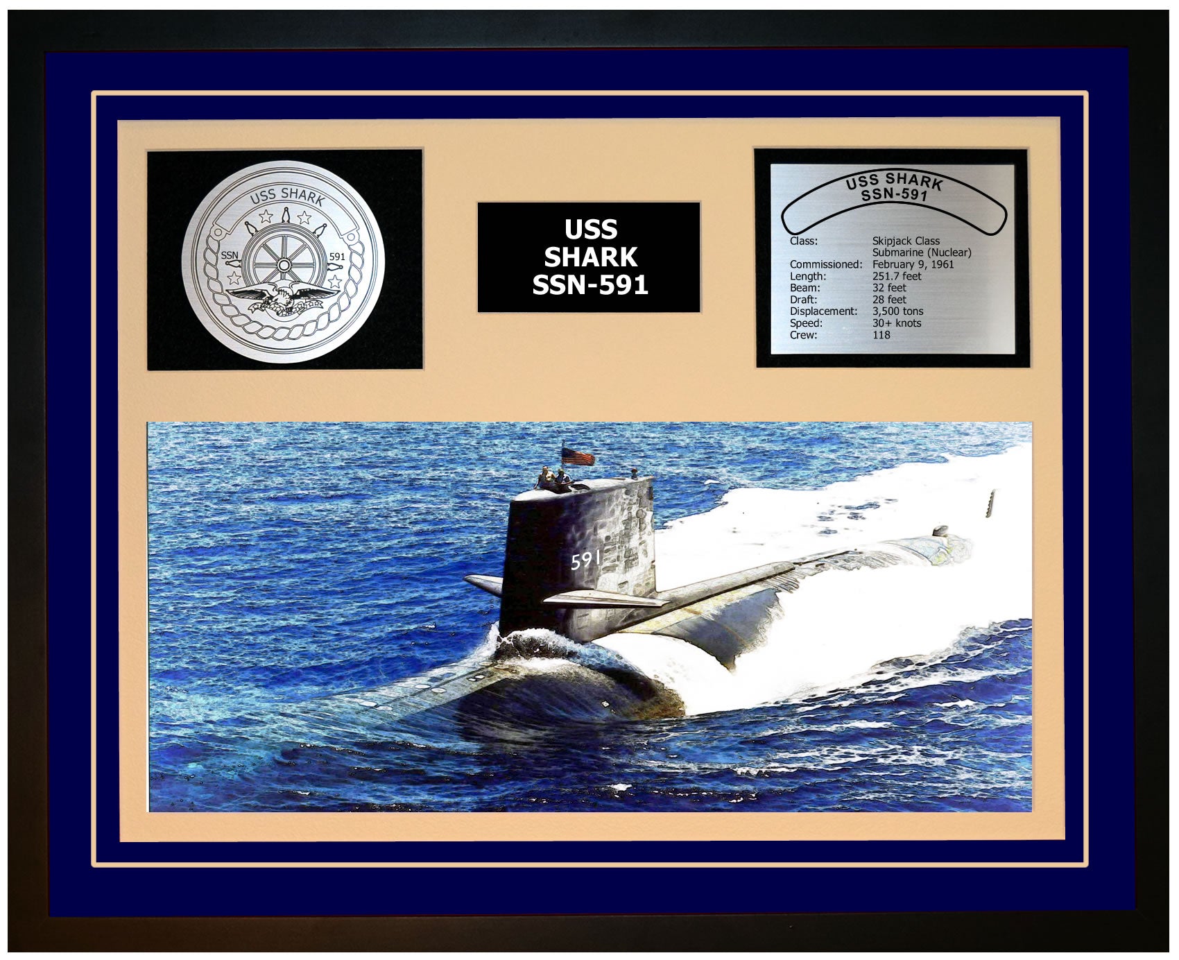 USS SHARK SSN-591 Framed Navy Ship Display Blue