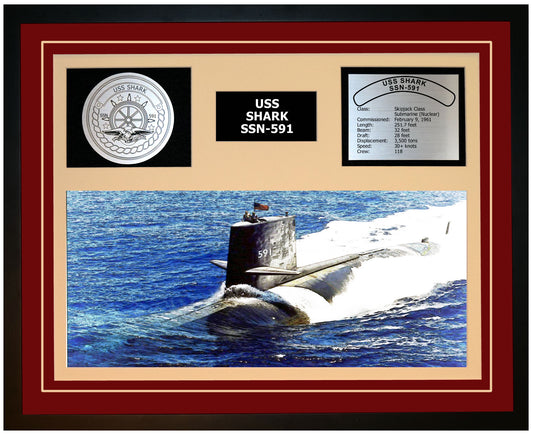 USS SHARK SSN-591 Framed Navy Ship Display Burgundy