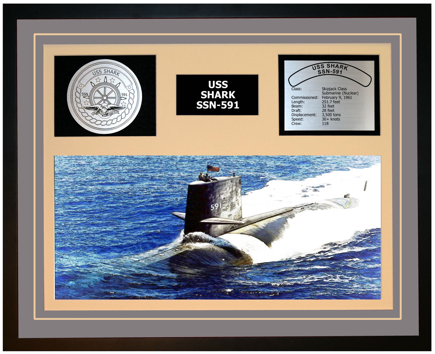 USS SHARK SSN-591 Framed Navy Ship Display Grey