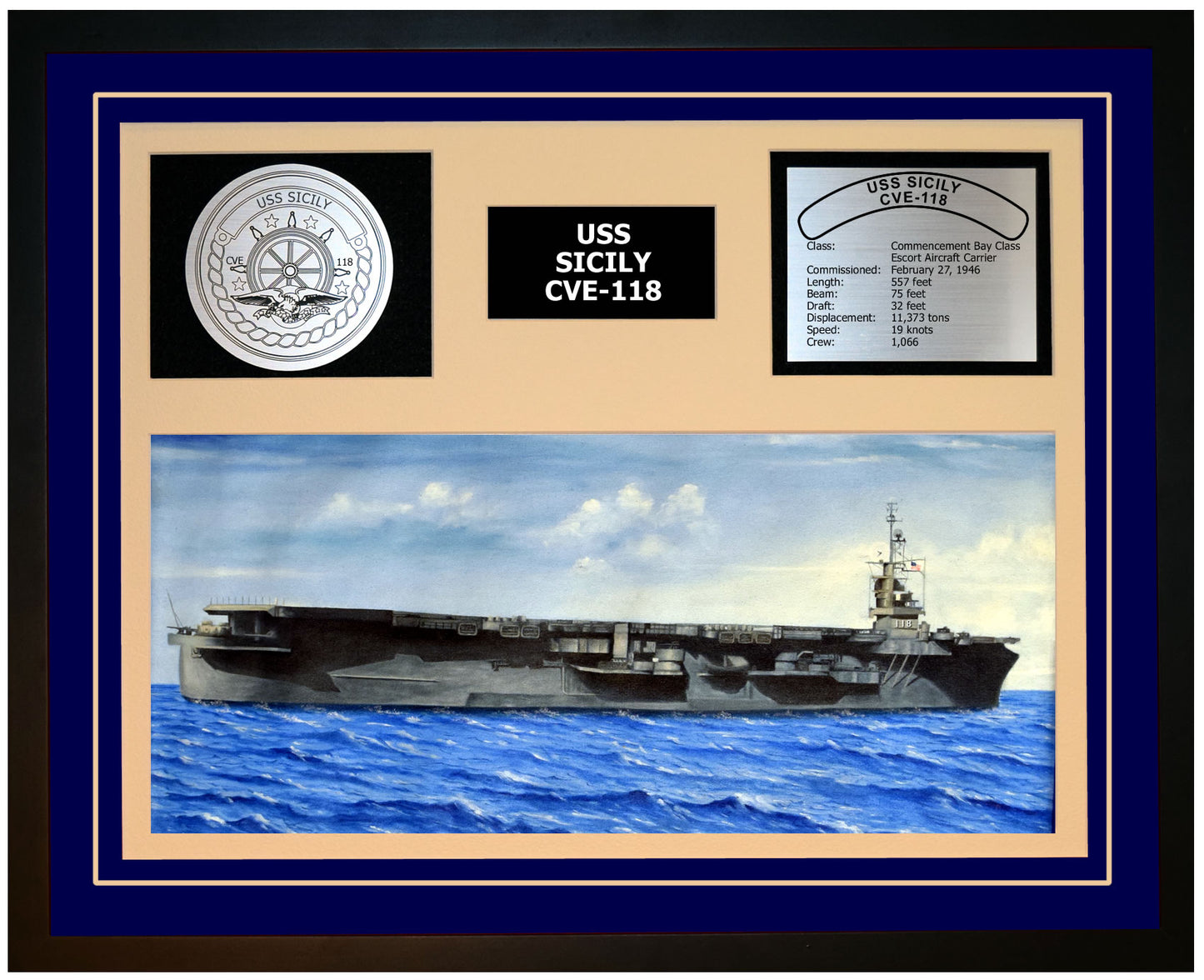 USS SICILY CVE-118 Framed Navy Ship Display Blue