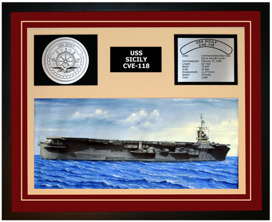 USS SICILY CVE-118 Framed Navy Ship Display Burgundy