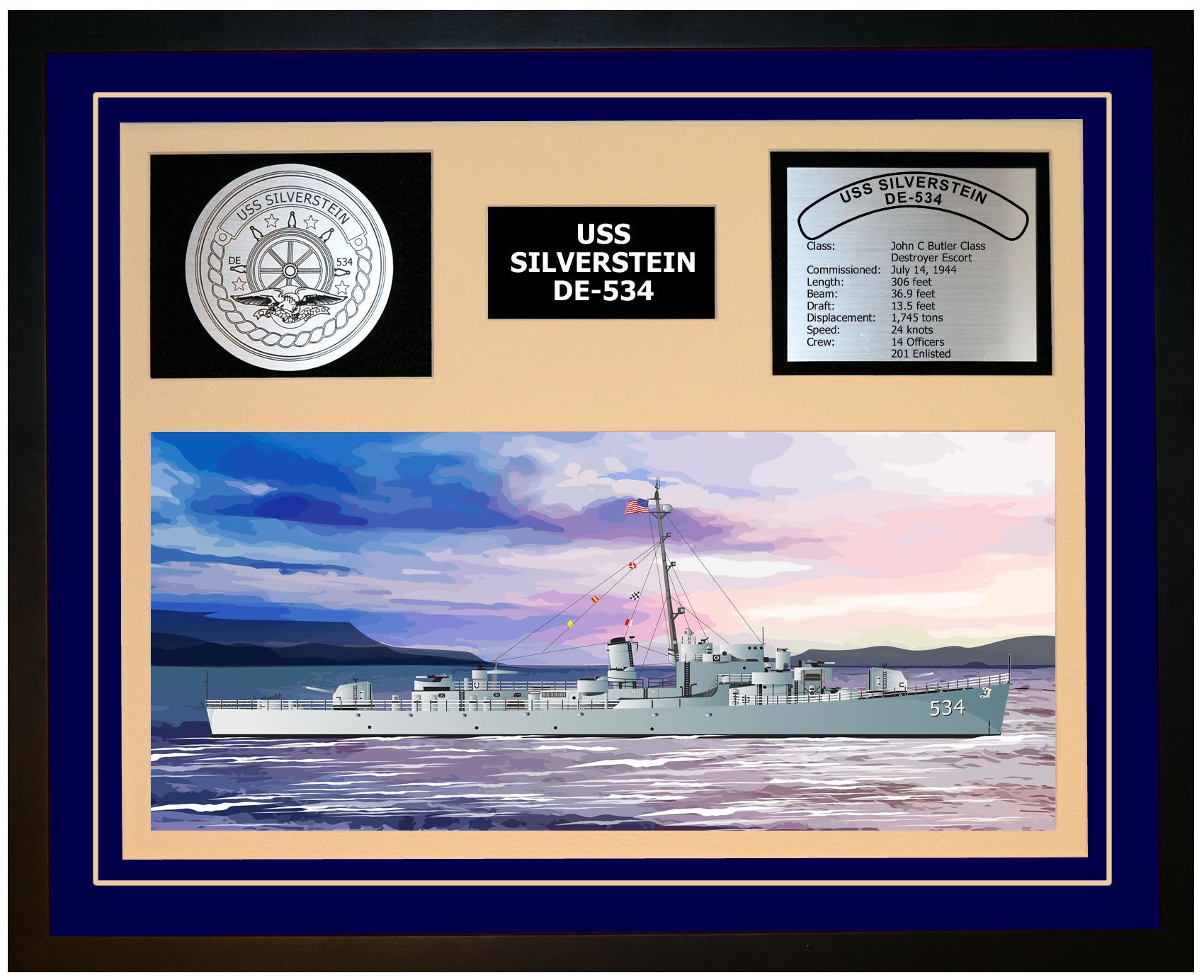 USS SILVERSTEIN DE-534 Framed Navy Ship Display Blue