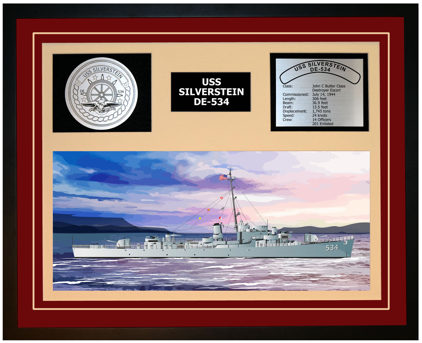 USS SILVERSTEIN DE-534 Framed Navy Ship Display Burgundy