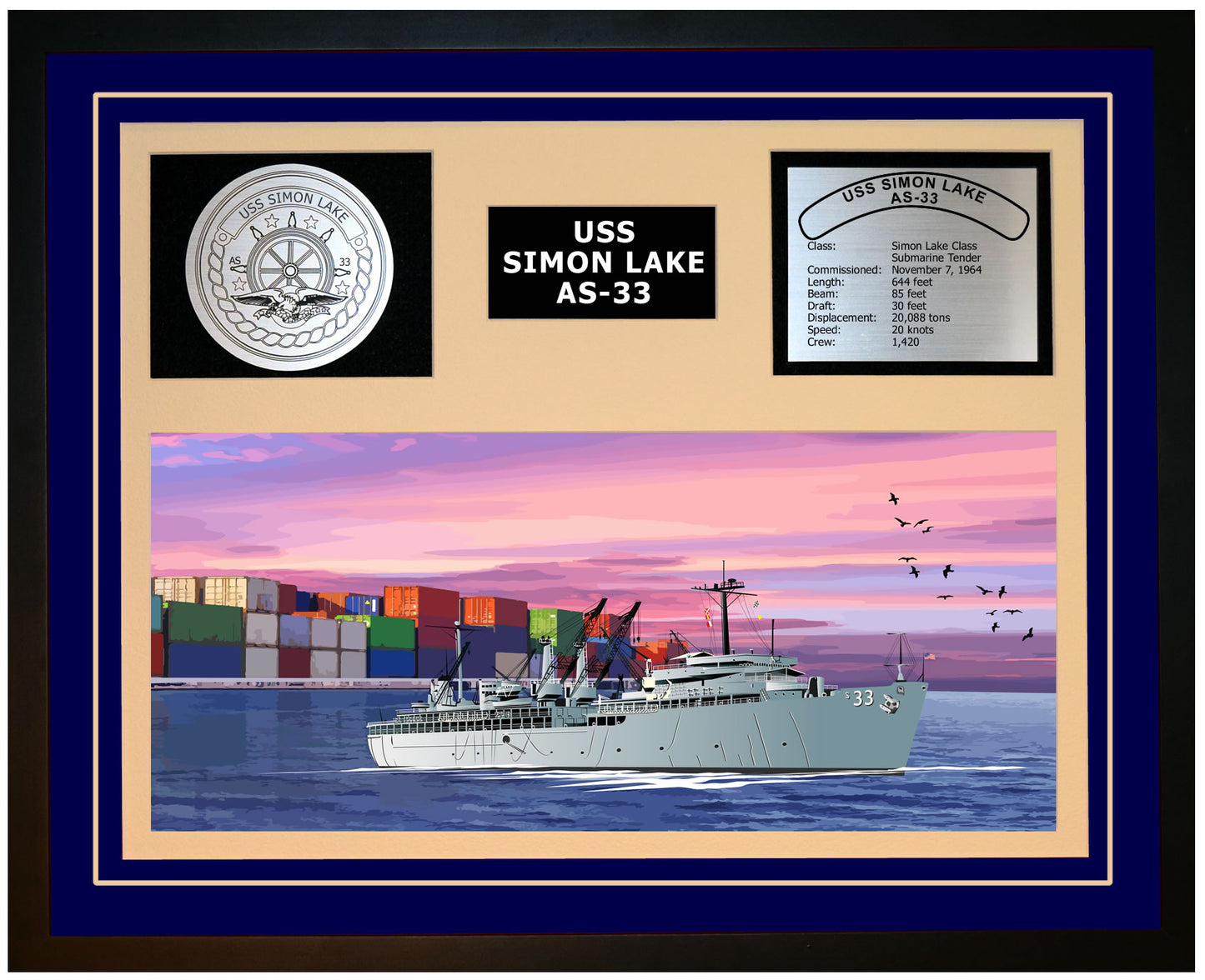 USS SIMON LAKE AS-33 Framed Navy Ship Display Blue