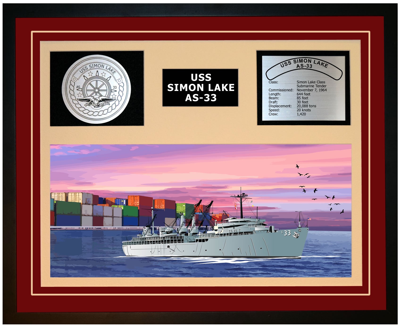 USS SIMON LAKE AS-33 Framed Navy Ship Display Burgundy