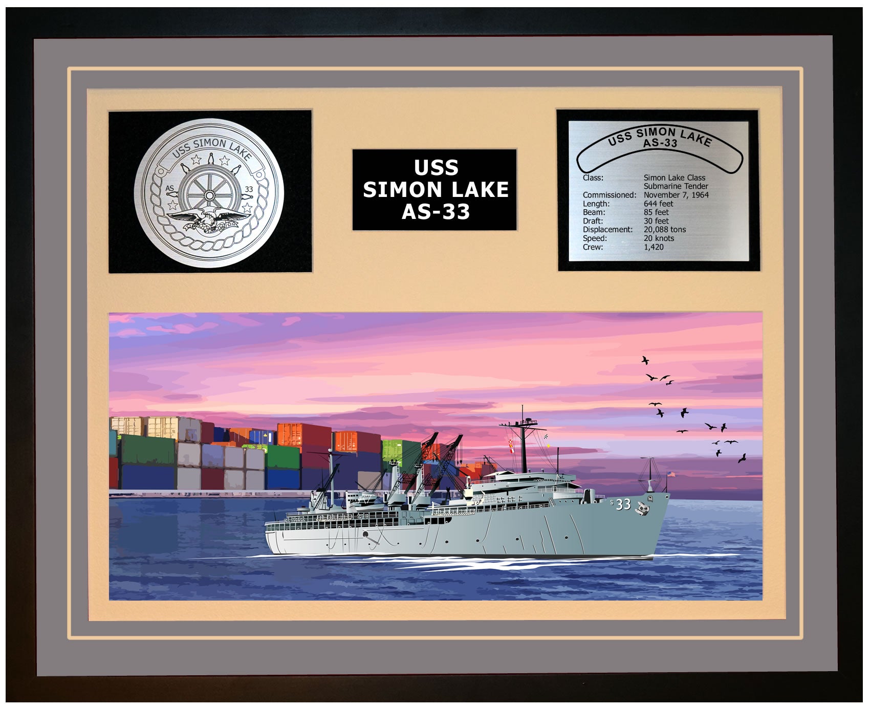 USS SIMON LAKE AS-33 Framed Navy Ship Display Grey