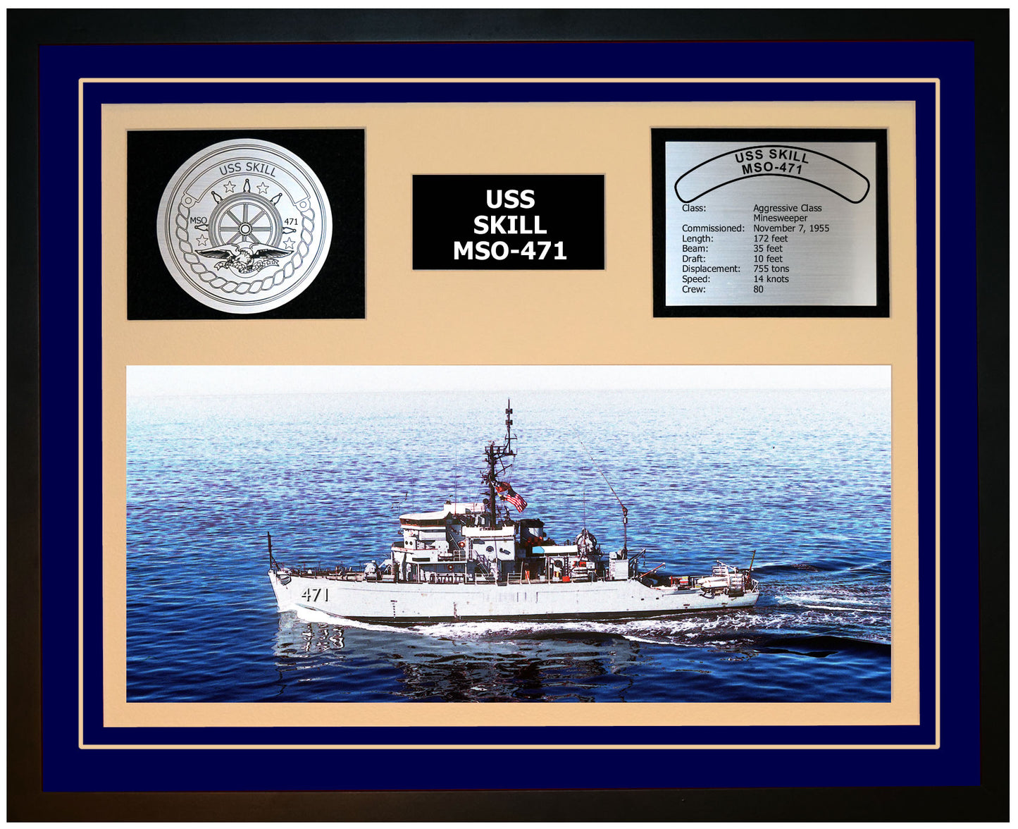 USS SKILL MSO-471 Framed Navy Ship Display Blue