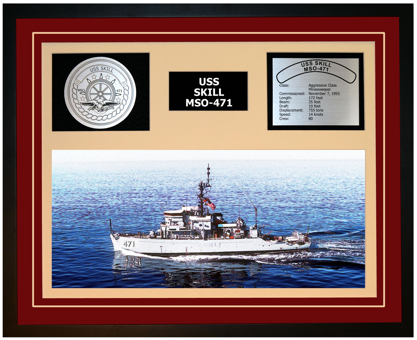 USS SKILL MSO-471 Framed Navy Ship Display Burgundy