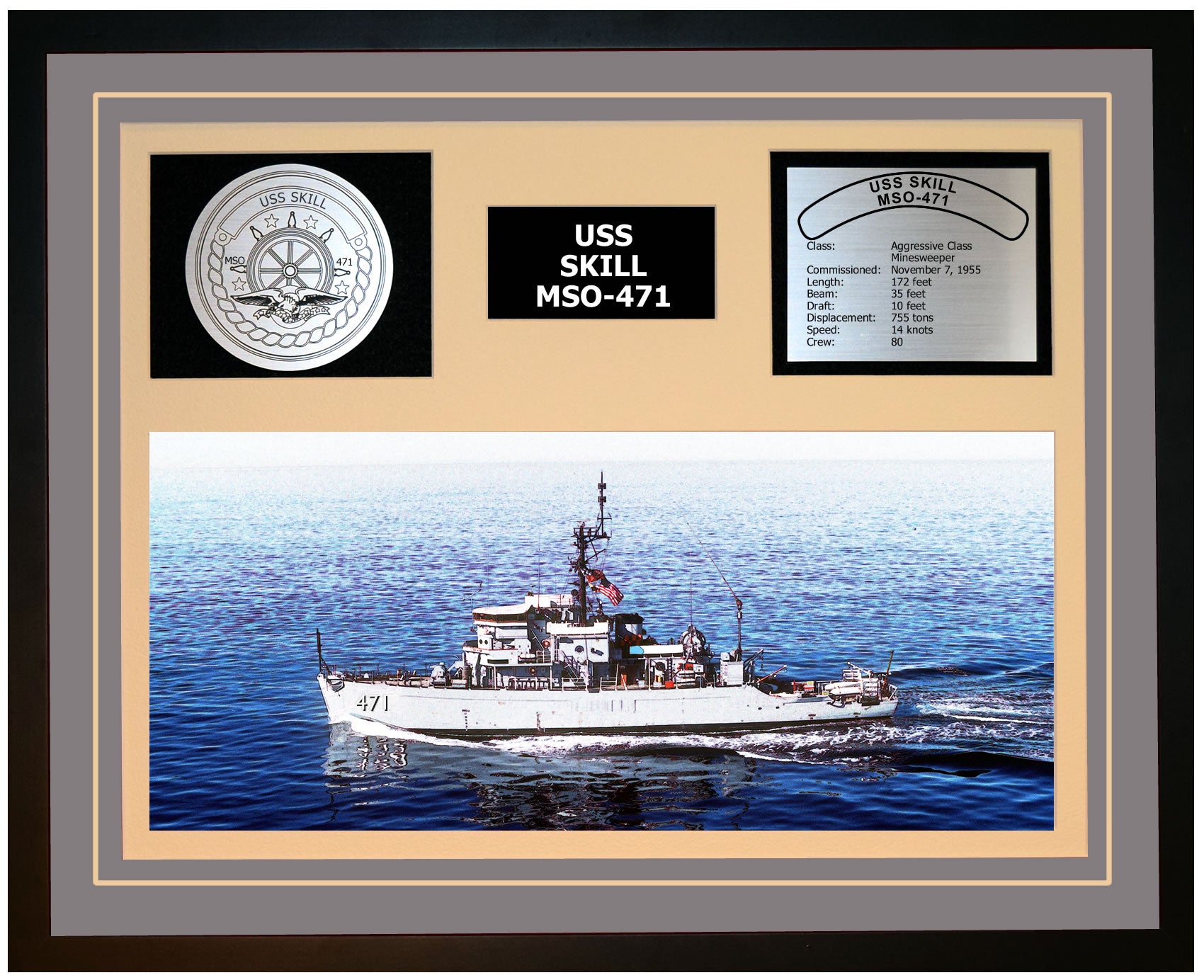 USS SKILL MSO-471 Framed Navy Ship Display Grey