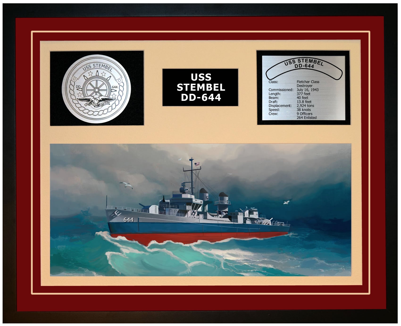 USS STEMBEL DD-644 Framed Navy Ship Display Burgundy