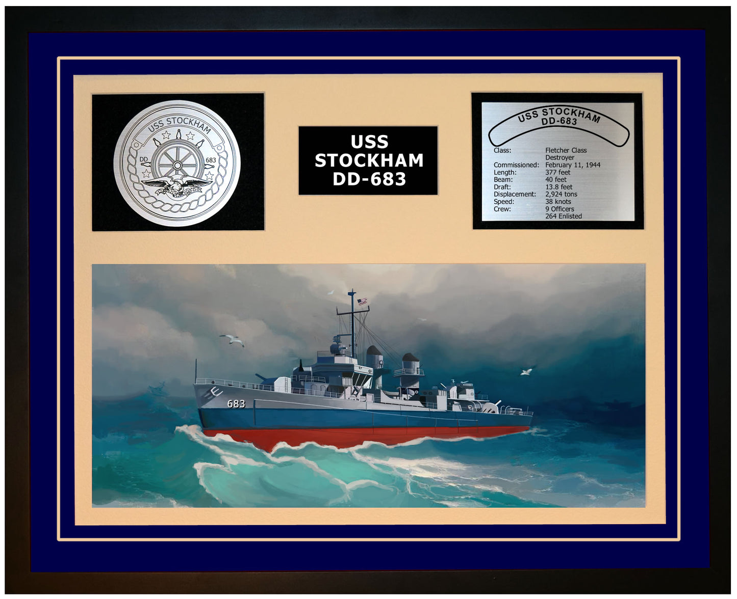 USS STOCKHAM DD-683 Framed Navy Ship Display Blue