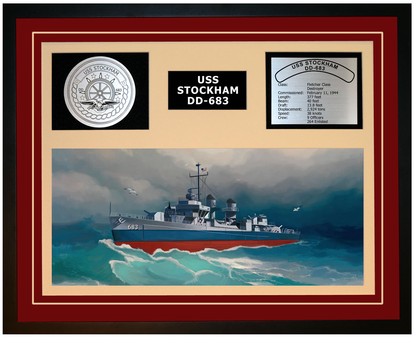USS STOCKHAM DD-683 Framed Navy Ship Display Burgundy