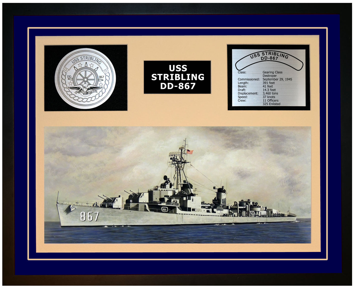 USS STRIBLING DD-867 Framed Navy Ship Display Blue