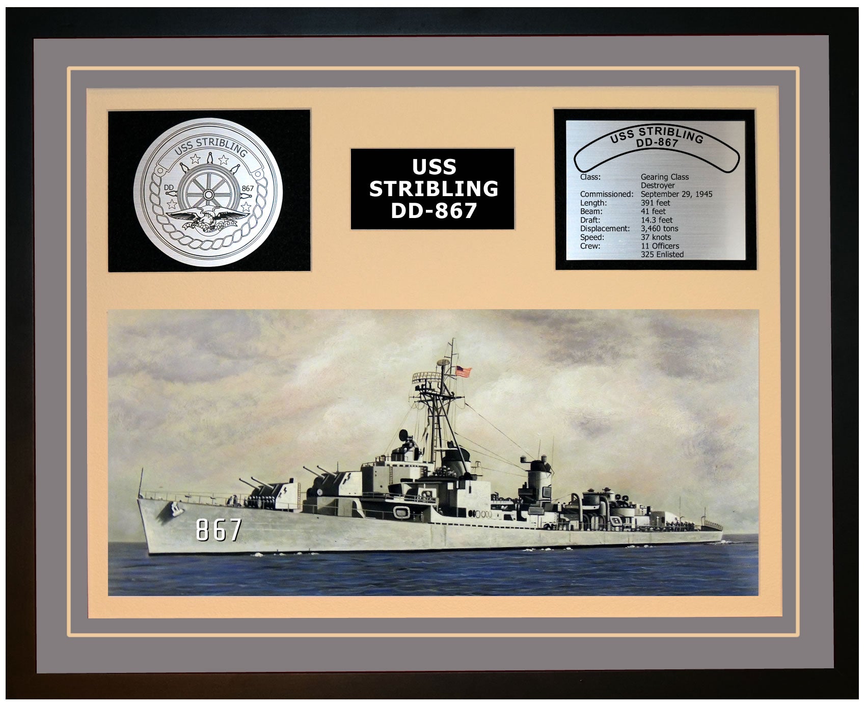 USS STRIBLING DD-867 Framed Navy Ship Display Grey