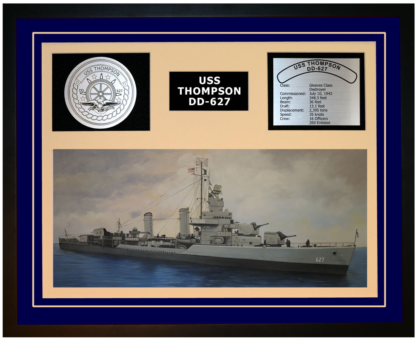 USS THOMPSON DD-627 Framed Navy Ship Display Blue