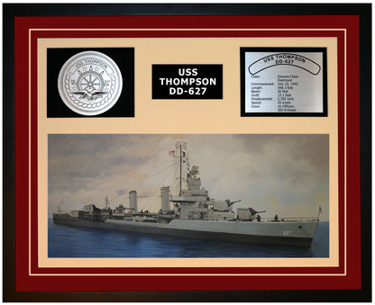 USS THOMPSON DD-627 Framed Navy Ship Display Burgundy