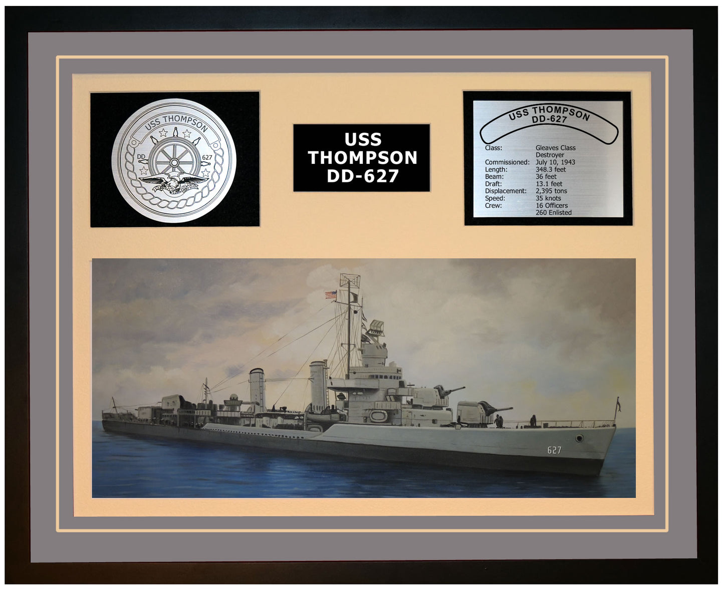 USS THOMPSON DD-627 Framed Navy Ship Display Grey