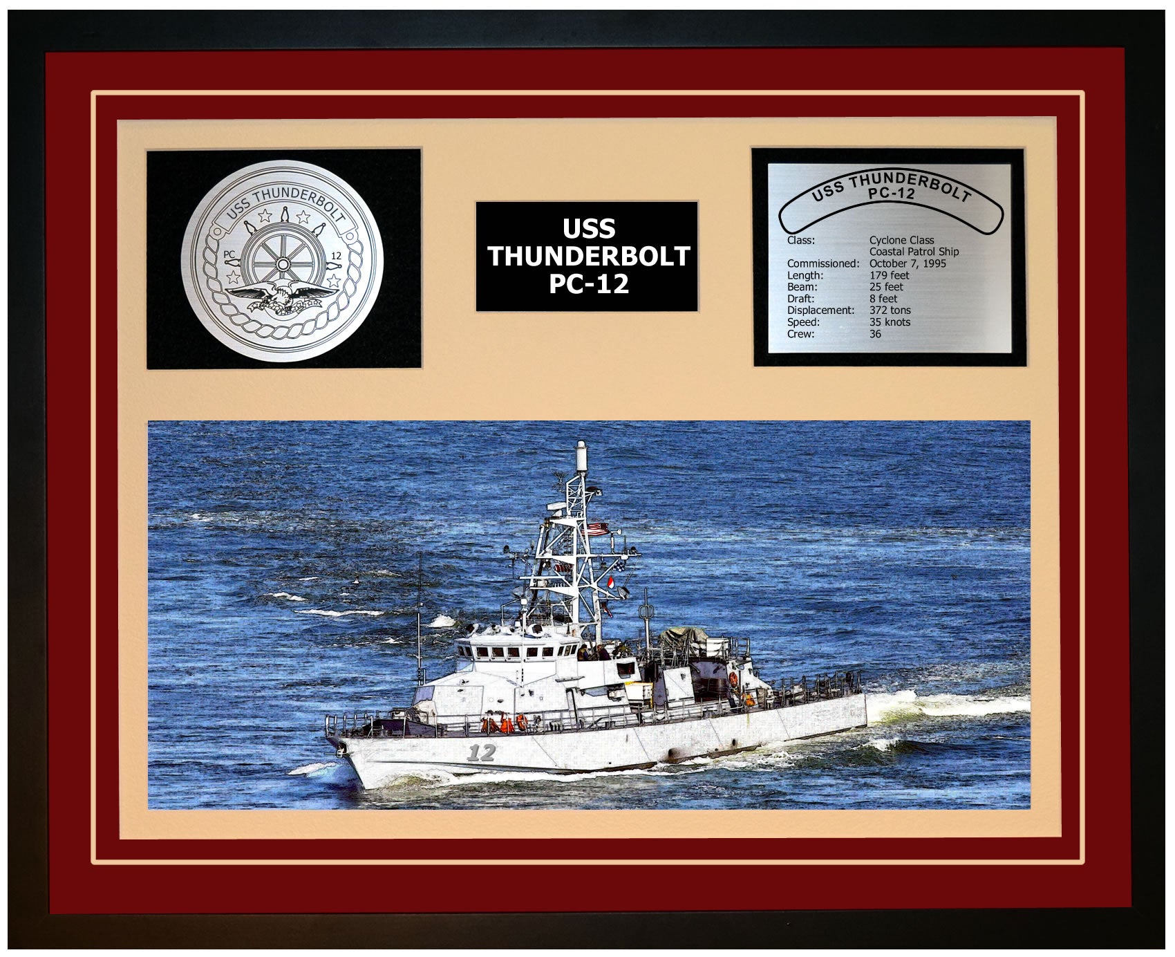 USS THUNDERBOLT PC-12 Framed Navy Ship Display Burgundy