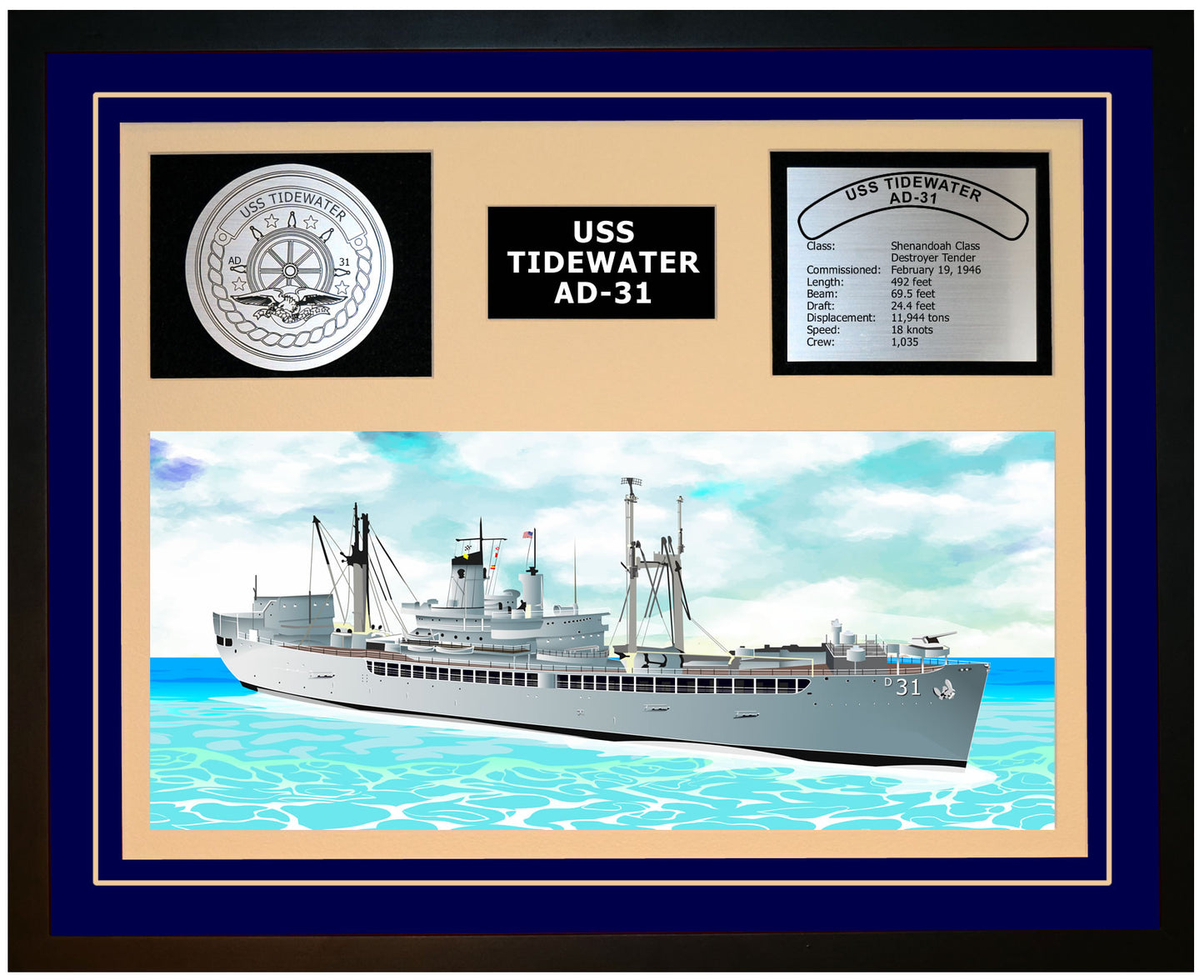 USS TIDEWATER AD-31 Framed Navy Ship Display Blue