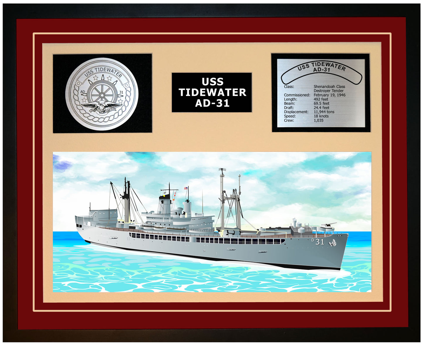 USS TIDEWATER AD-31 Framed Navy Ship Display Burgundy