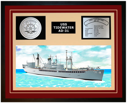 USS TIDEWATER AD-31 Framed Navy Ship Display Burgundy