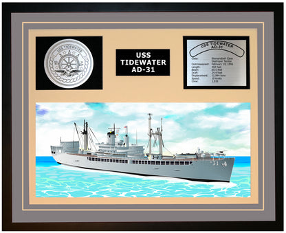 USS TIDEWATER AD-31 Framed Navy Ship Display Grey