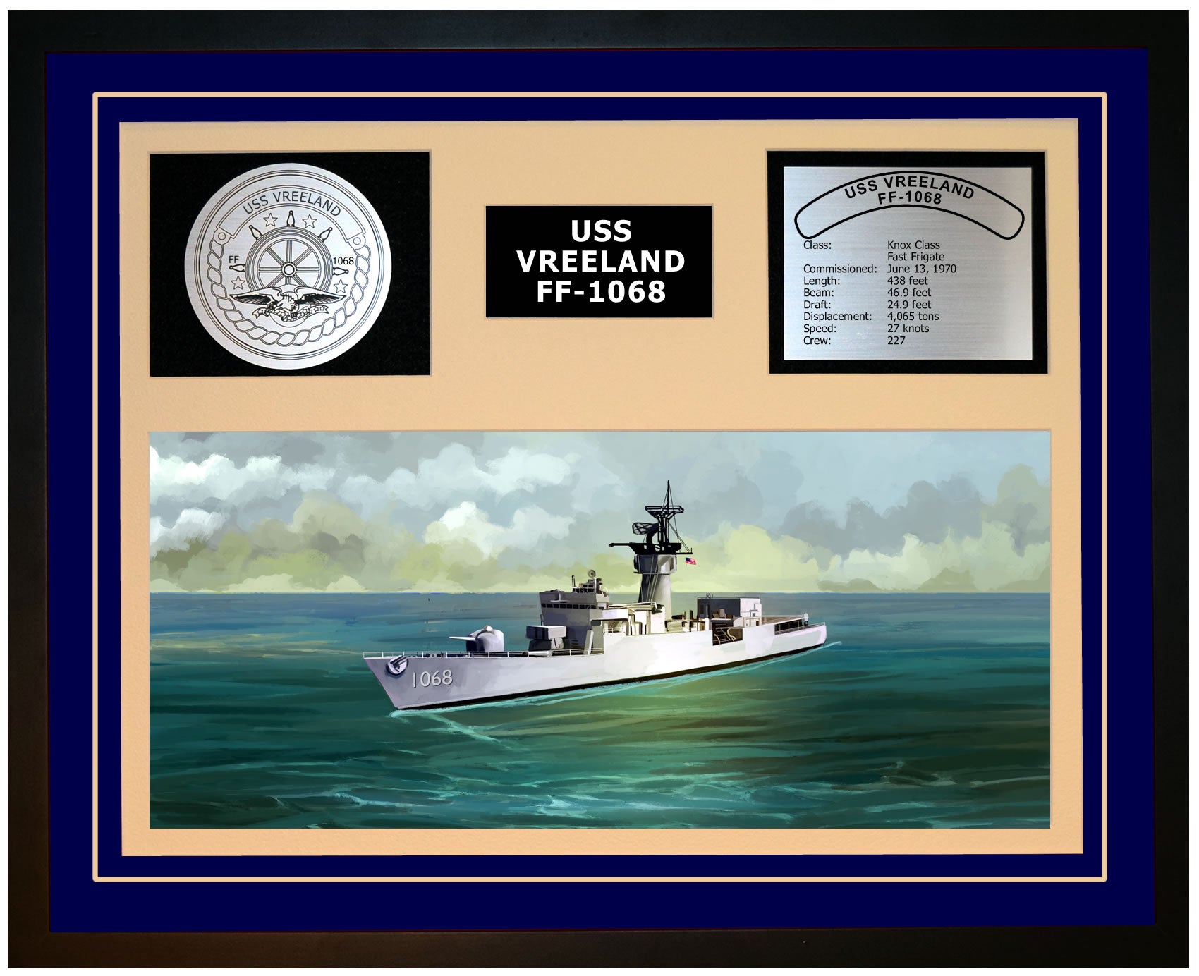 USS VREELAND FF-1068 Framed Navy Ship Display Blue