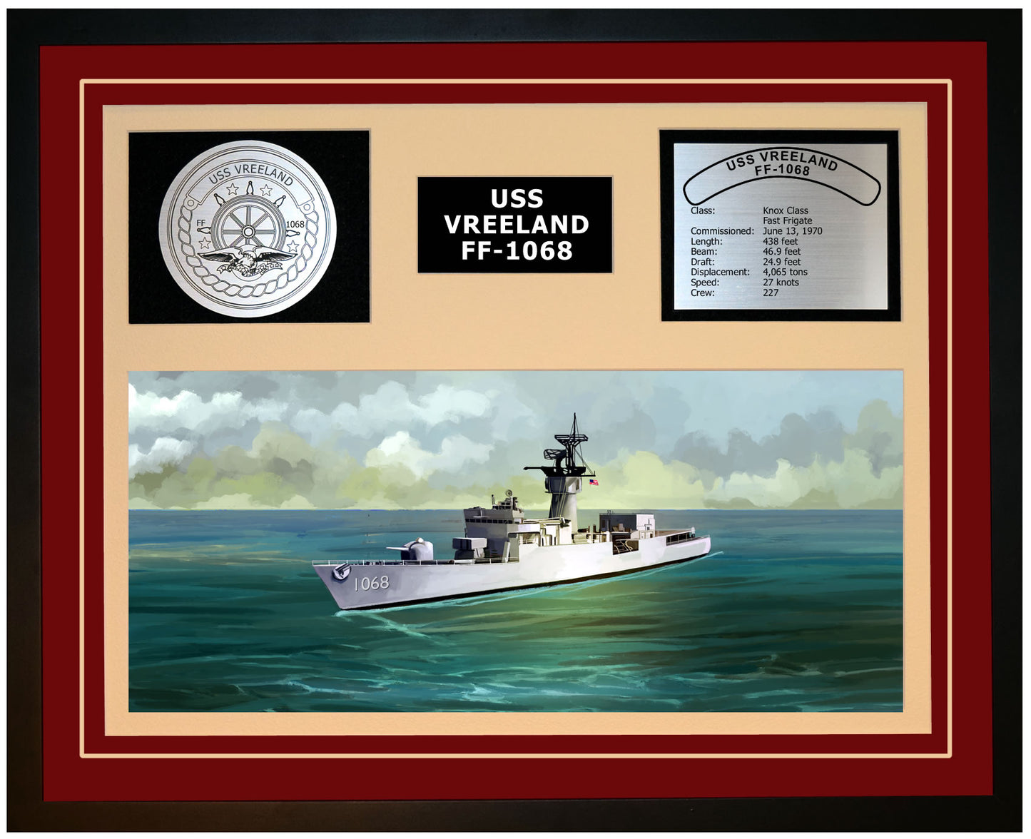 USS VREELAND FF-1068 Framed Navy Ship Display Burgundy