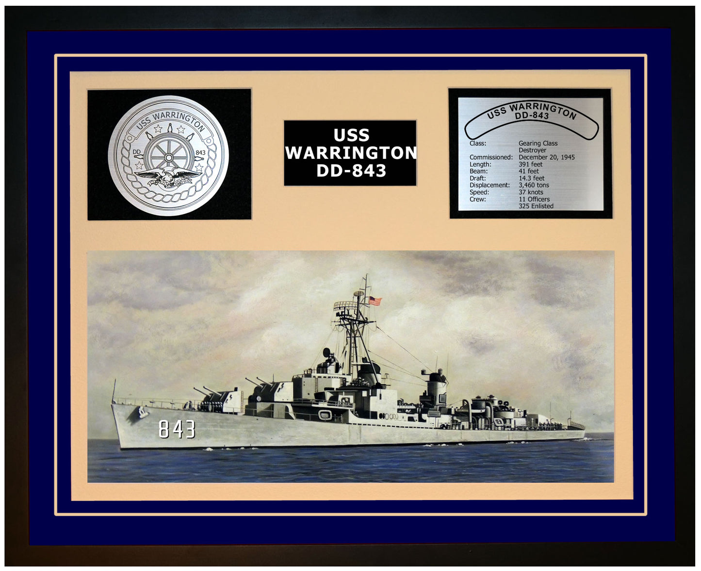 USS WARRINGTON DD-843 Framed Navy Ship Display Blue