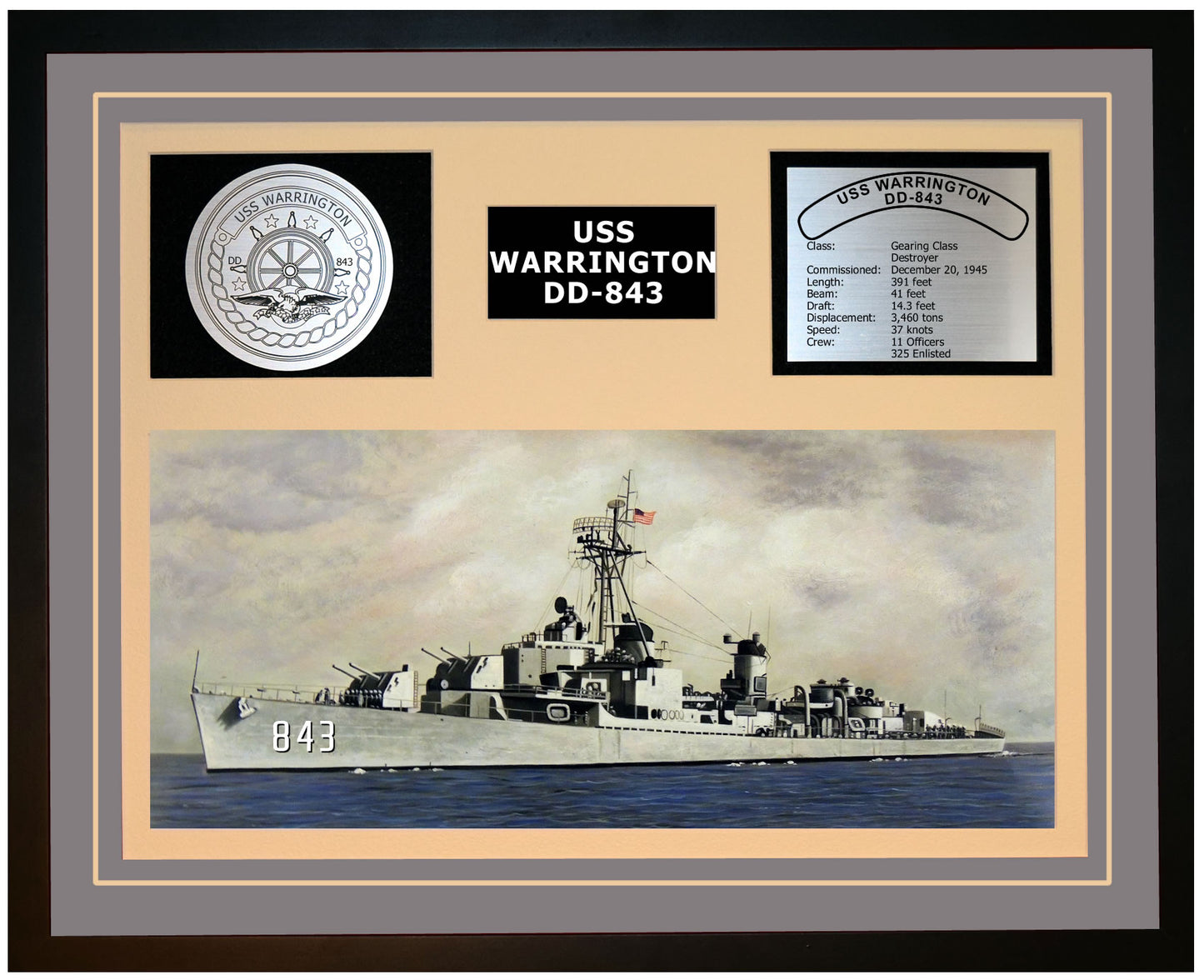 USS WARRINGTON DD-843 Framed Navy Ship Display Grey