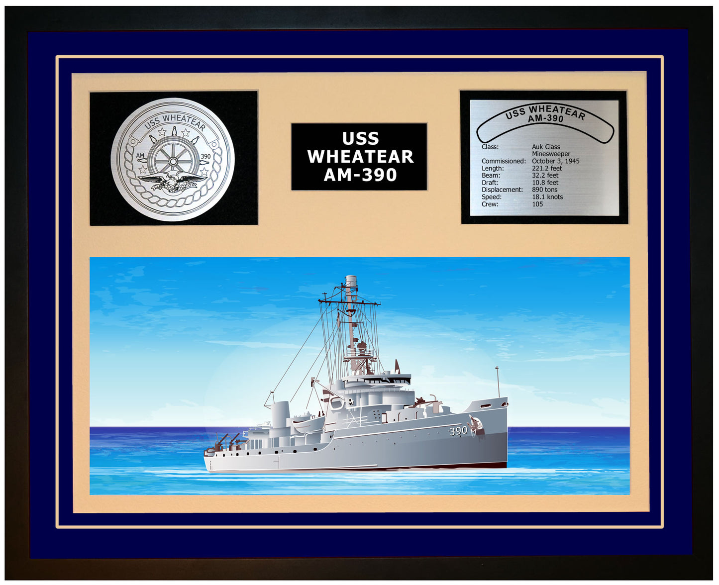 USS WHEATEAR AM-390 Framed Navy Ship Display Blue