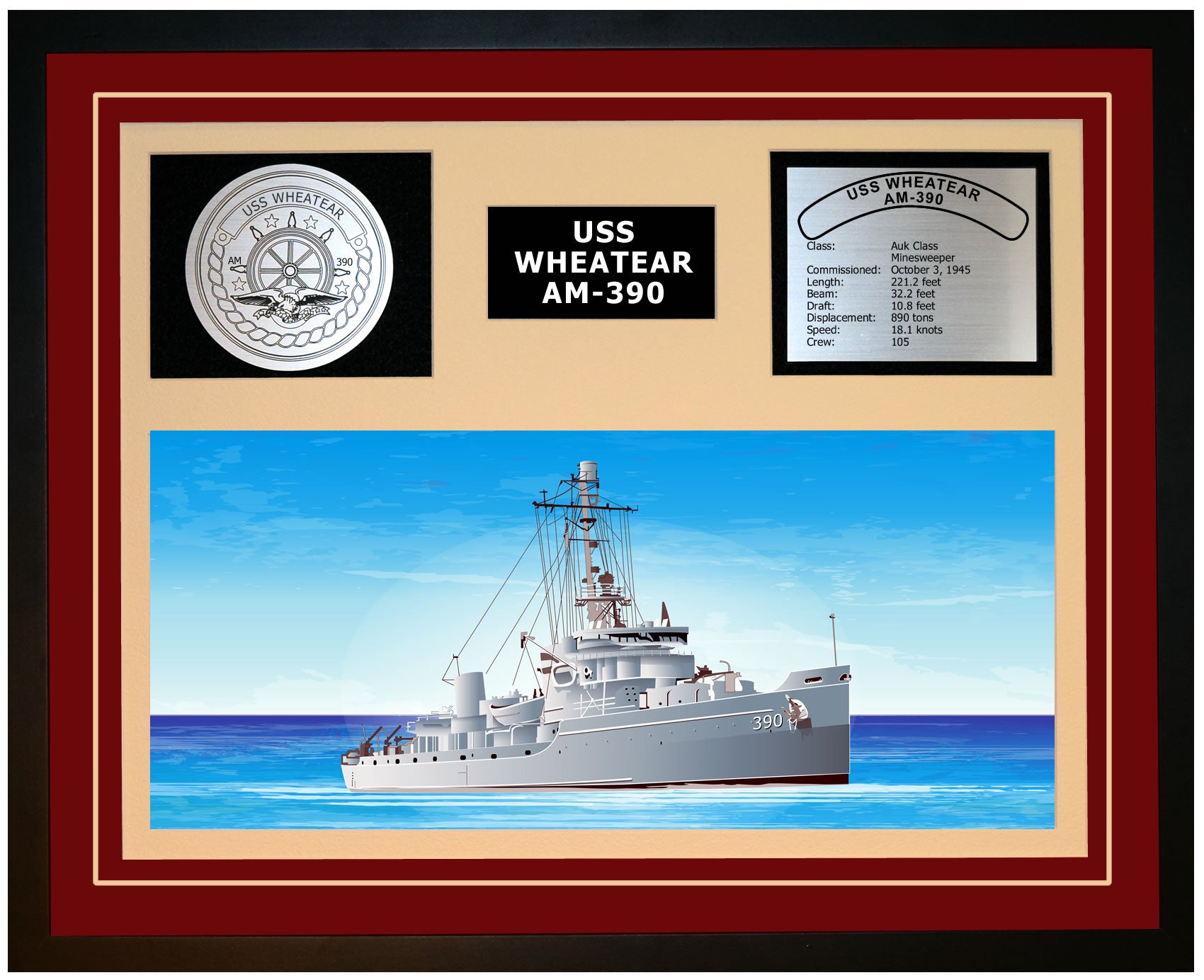 USS WHEATEAR AM-390 Framed Navy Ship Display Burgundy