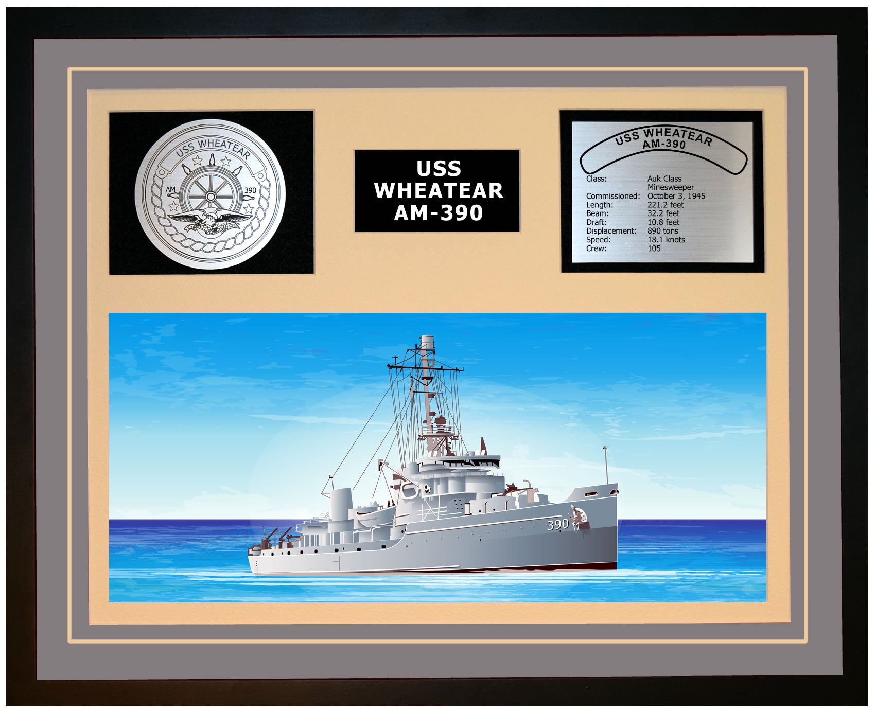 USS WHEATEAR AM-390 Framed Navy Ship Display Grey