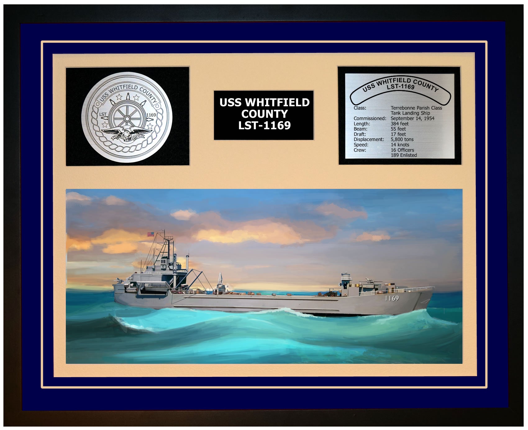 USS WHITFIELD COUNTY LST-1169 Framed Navy Ship Display Blue