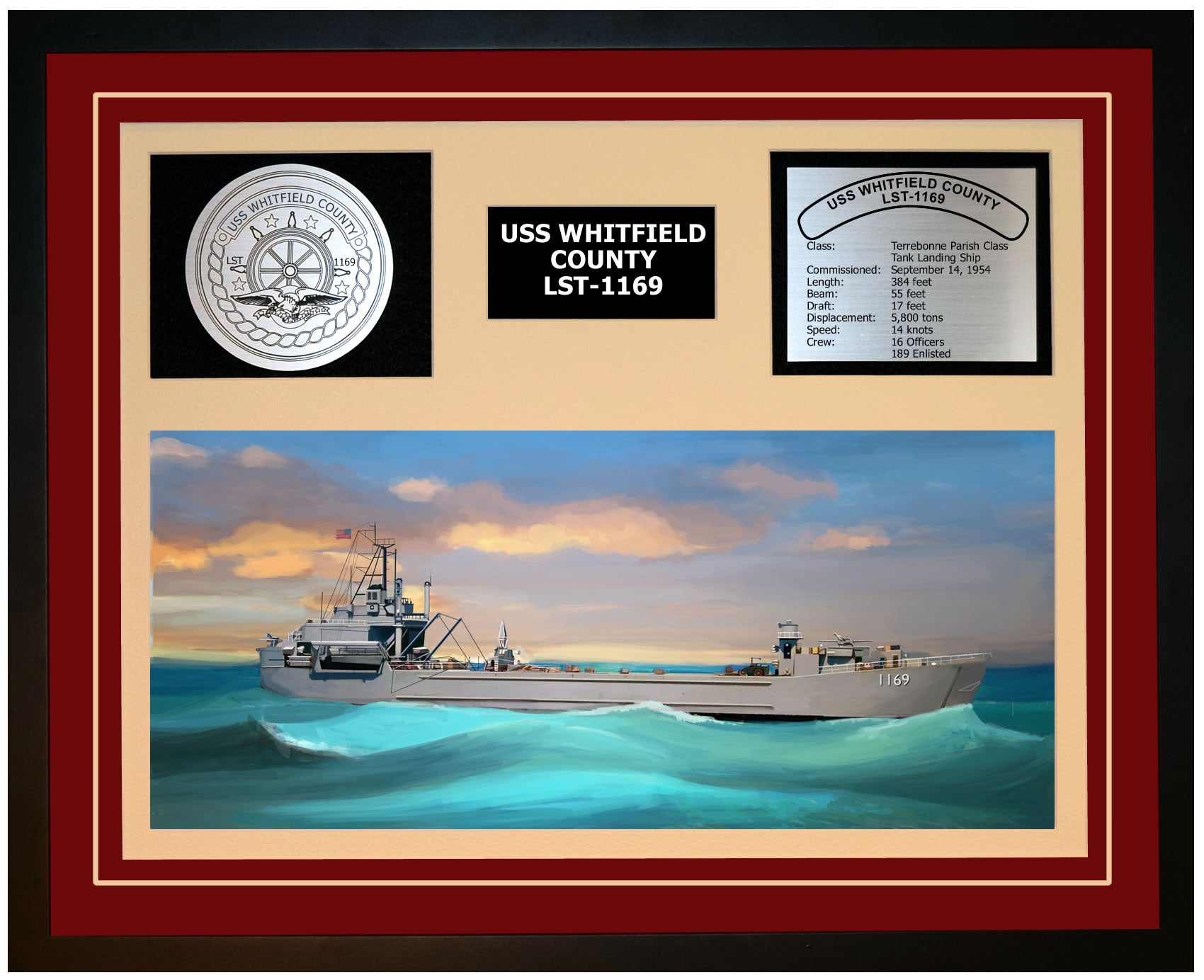 USS WHITFIELD COUNTY LST-1169 Framed Navy Ship Display Burgundy