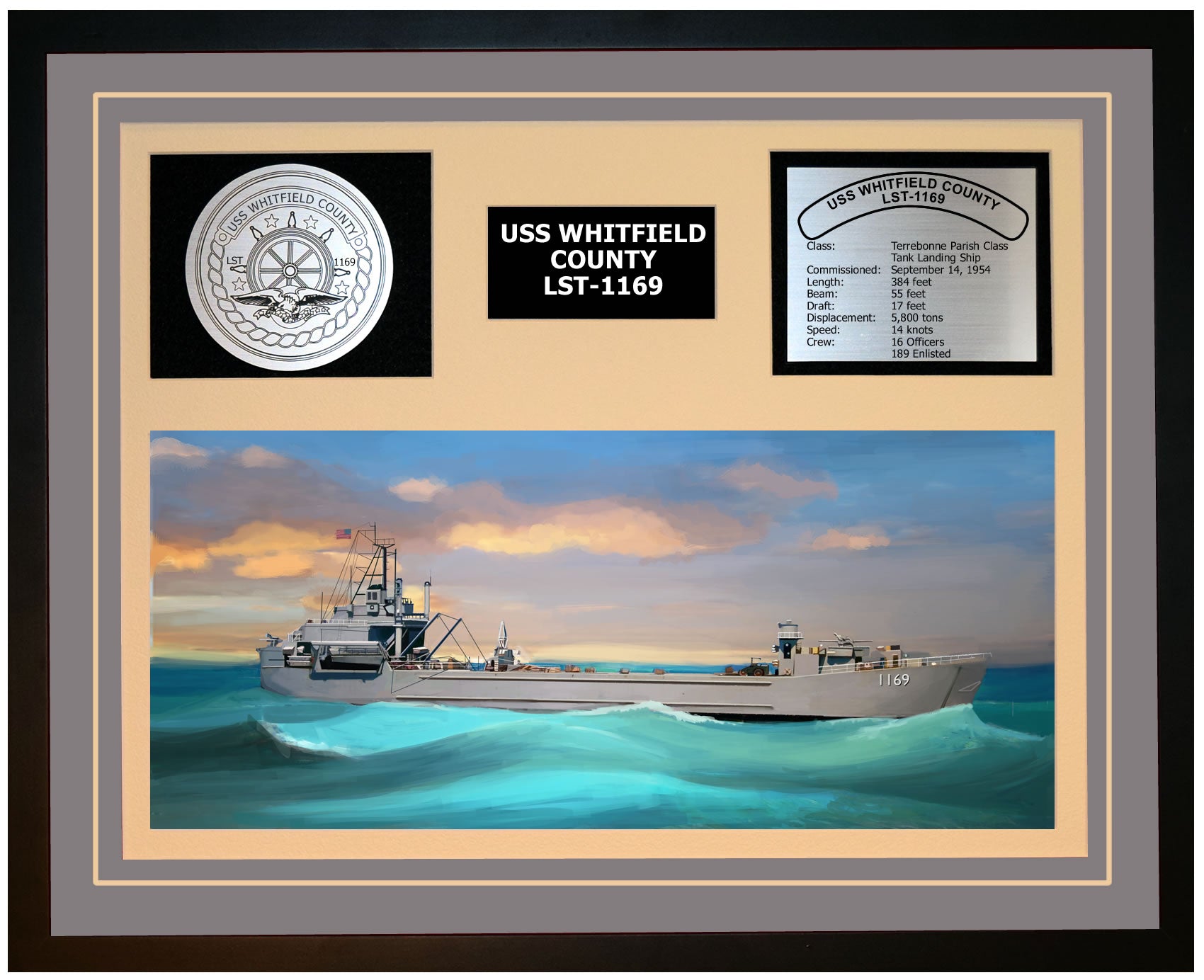 USS WHITFIELD COUNTY LST-1169 Framed Navy Ship Display Grey