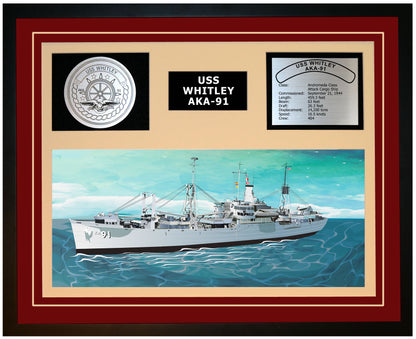 USS WHITLEY AKA-91 Framed Navy Ship Display Burgundy